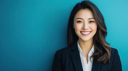 Poster - Confident Businesswoman Smiling Against Blue Background