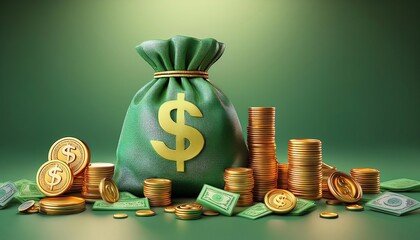 Wall Mural - A green money bag overflowing with gold coins and dollar bills, symbolizing wealth and financial prosperity.