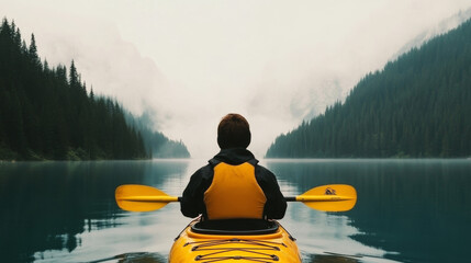 Canvas Print - A man paddles a kayak on a serene lake, surrounded by dense forest.