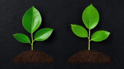 two green seedlings growing in soil on black background environmental concept