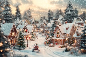 Wall Mural - A charming vintage winter village adorned with snow and festive decorations during the joyful Christmas season