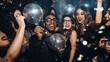 © zadorozhna - Group of smiling multiracial people women and men in evening wear having fun together in night club on new years eve holding disco balls surrounded by flying confetti.
