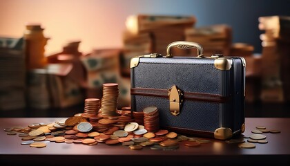 Wall Mural - A leather suitcase surrounded by coins and stacks of money symbolizes wealth, financial success, and investment opportunities.