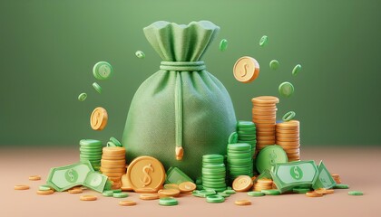 Wall Mural - A money bag overflowing with coins, representing wealth, prosperity, and financial success in a vibrant green setting.