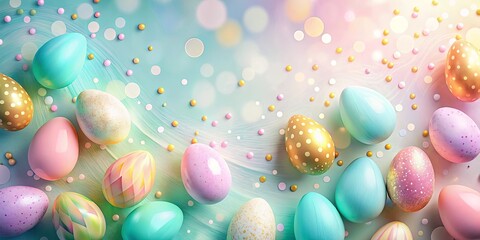 A festive spread of colorful Easter eggs adorned with glitter and delicate patterns, scattered across a sparkling, blue and pink background.