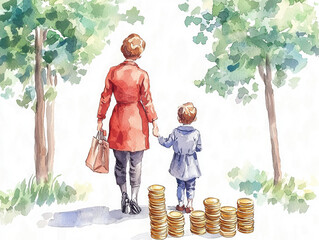 Mother and child walking in nature, surrounded by trees and coins, watercolor art.