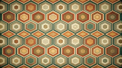 Wall Mural - a vintage geometric pattern of hexagonal shapes in shades of brown, green, and cream, creating a mes