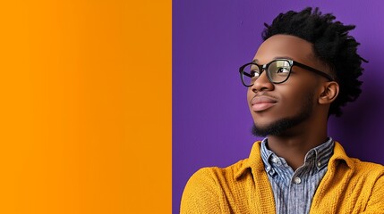 Canvas Print - Close-up portrait of a thoughtful young black man with glasses against a purple and orange background.