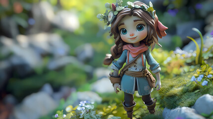 A cute 3d character in a nature setting. Fae. Illustration