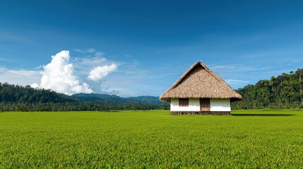 Wall Mural - Tropical Thatched Hut in Lush Green Field with Blue Sky and Clouds