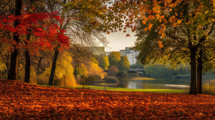 Beautiful autumn landscape with. Colorful foliage in the park. Falling leaves natural background