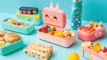 Wall Mural - Show a variety of lunch boxes with fun, creative designs, open to reveal healthy snacks and a stylish water bottle, adding a playful touch to lunchtime