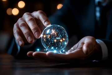 A wizard using enchanted code to breach a mystical network, where glowing orbs and digital spells combine to show magical network hacking