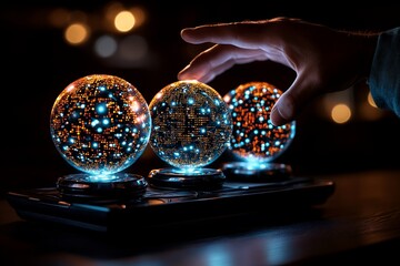 A wizard using enchanted code to breach a mystical network, where glowing orbs and digital spells combine to show magical network hacking