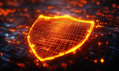 Wall Mural - a glowing orange shield icon with a digital grid pattern on a dark background