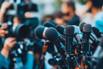 journalists gather around multiple microphones at a press event in a bustling outdoor location durin