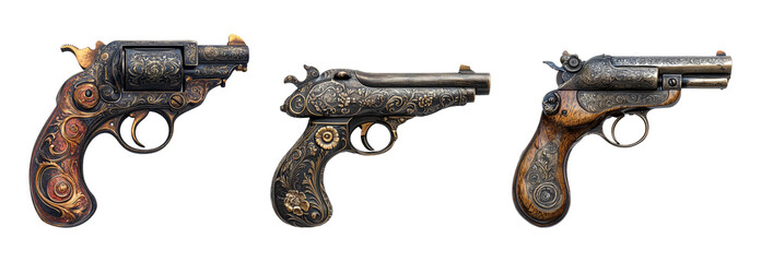 Vintage ornate firearms collection on transparent background