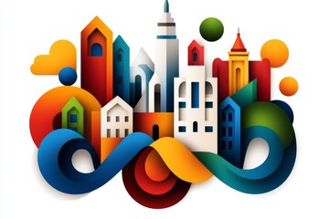 Wall Mural - Minimalist downtown icon with clean shapes, showing abstract buildings and streets to represent the heart of a bustling city