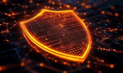 Wall Mural - a glowing orange shield icon with a digital grid pattern on a dark background