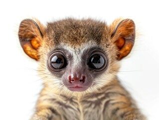 Adorable bushbaby with big eyes and soft fur, isolated on a white background, curious and cute pose, detailed focus on its large ears and small hands.
