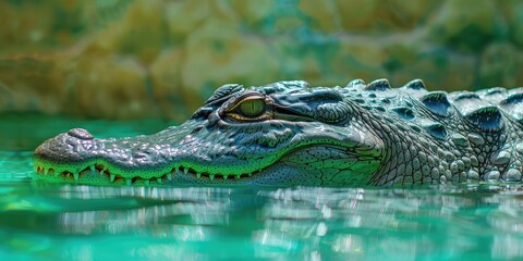 Wall Mural - Crocodile lying in emerald water, eyes shut, snout extended, and teeth exposed.