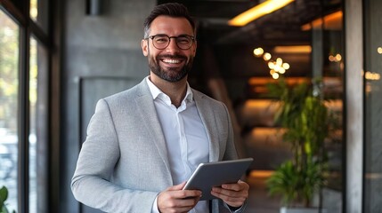 Sticker - Professional Man in Office Holding Tablet and Smiling