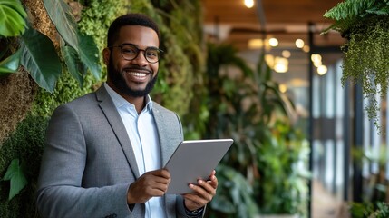 Poster - Professional Man Holding Tablet in Greenery Setting