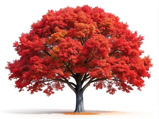 a vivid red oak tree viewed from the front, highlighting its intricate leaves and textured trunk, al