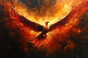 phoenix soaring high amidst fiery flames wings outstretched symbolizing rebirth and resilience with vibrant reds and oranges illuminating the sky