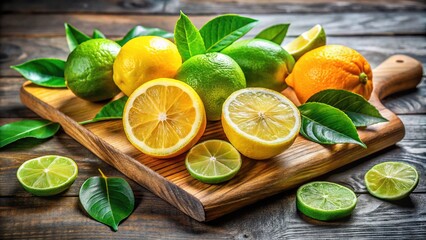 fresh lemon and lime halves sit on a wooden cutting board surrounded by green leaves, showcasing the