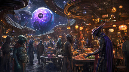 Extraterrestrial bazaar: vibrant alien marketplace with diverse species and advanced tech, copy space on left. Galactic Marketplace. Illustration