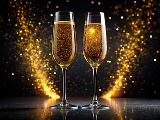 Sophisticated champagne glasses adorned with gold sparkles set against a sleek black backdrop, perfect for any celebratory occasion and adding a touch of elegance.