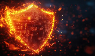 Wall Mural - a glowing orange shield icon with a digital grid pattern on a dark background