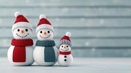 Three cheerful snowmen with colorful hats and scarves, seasonal festive decoration