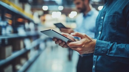 Wall Mural - Close-Up of Hands Using Tablet and Smartphone in Warehouse