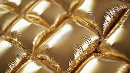 a close-up, top-down view of the surface of an extremely over-inflated metallic gold down jacket, filling the entire frame with balloon-like bulging details