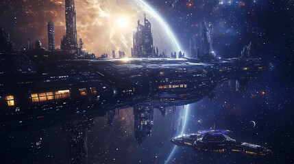 Wall Mural - interstellar travel hub at deep space station orbiting distant star. interstellar travel. illustrati