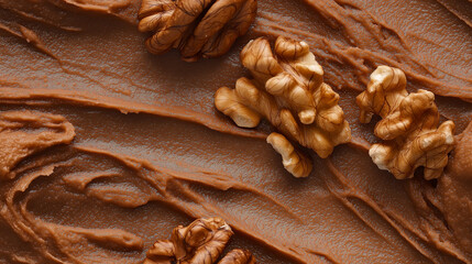 a close-up, top-down view of walnut paste spread across the frame, filling the image with its earthy brown color and smooth yet slightly grainy texture