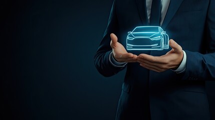 Businessman presenting holographic car model in hands, representing modern automotive insurance concept, digital security, and innovative vehicle protection technology.