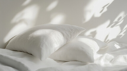 a close-up view of two or three soft white pillows resting on smooth white linens, arranged in a zen-like, minimalist composition