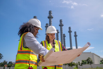 Engineers wearing safety gear, including hard hats examining survey a large blueprint tablet standing industrial facility gas or oil refinery engaged in a job requires high safety standards concept