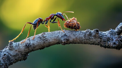 single ant navigating twisting branch while carrying food, showcasing its determination and strength in nature. vibrant colors and intricate details highlight beauty of this tiny creature