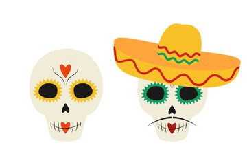 Painted Skeleton in sombrero with mustache and not Set of 2 design elements in trendy festive colors