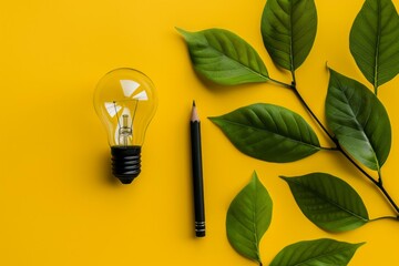 Poster - A pencil and a light bulb on yellow background. AI.