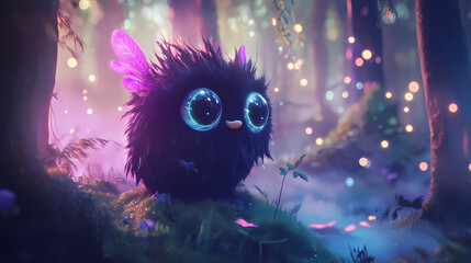 Wall Mural - Tiny fairy cute monster in a misty magical fairy tale forest. little magical creature with beautiful eyes with neon lights in the background. generative ai. Fairy Tale Creature. Illustration