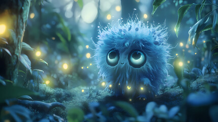 Wall Mural - Tiny fairy cute monster in a misty magical fairy tale forest. little magical creature with beautiful eyes with neon lights in the background. generative ai. Fairy Tale Creature. Illustration