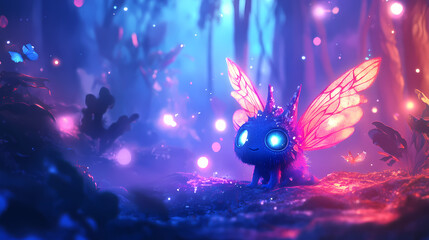 Wall Mural - Tiny fairy cute monster in a misty magical fairy tale forest. little magical creature with beautiful eyes with neon lights in the background. generative ai. Fairy Tale Creature. Illustration