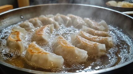 Crispy dumplings frying in hot oil.