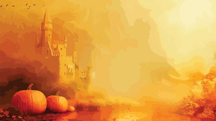 Wall Mural -  Orange background of pumpkins and castle, Halloween elements, Happy Halloween