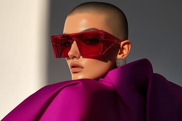 Bold Fashion Portrait with Red Sunglasses and Purple Coat